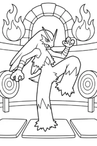 Blaziken practicing a high kick beside large training targets
