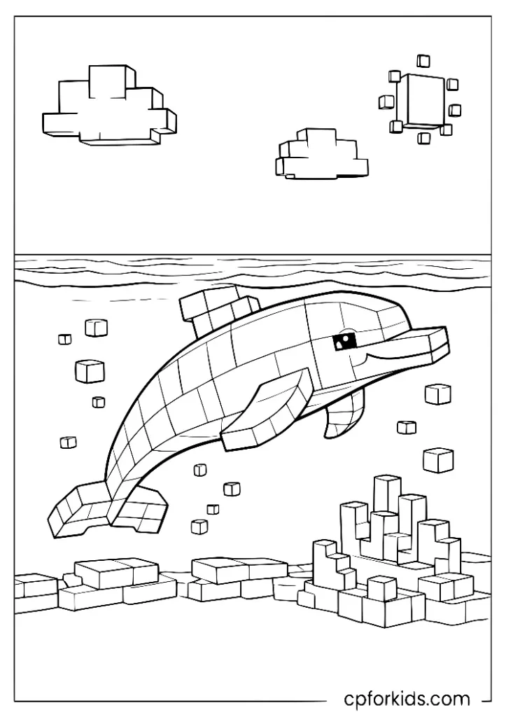 Pixel-block dolphin swimming underwater