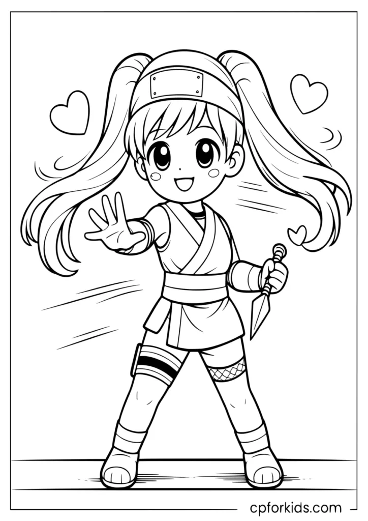 Blonde ninja girl with twin-tails and headband coloring page