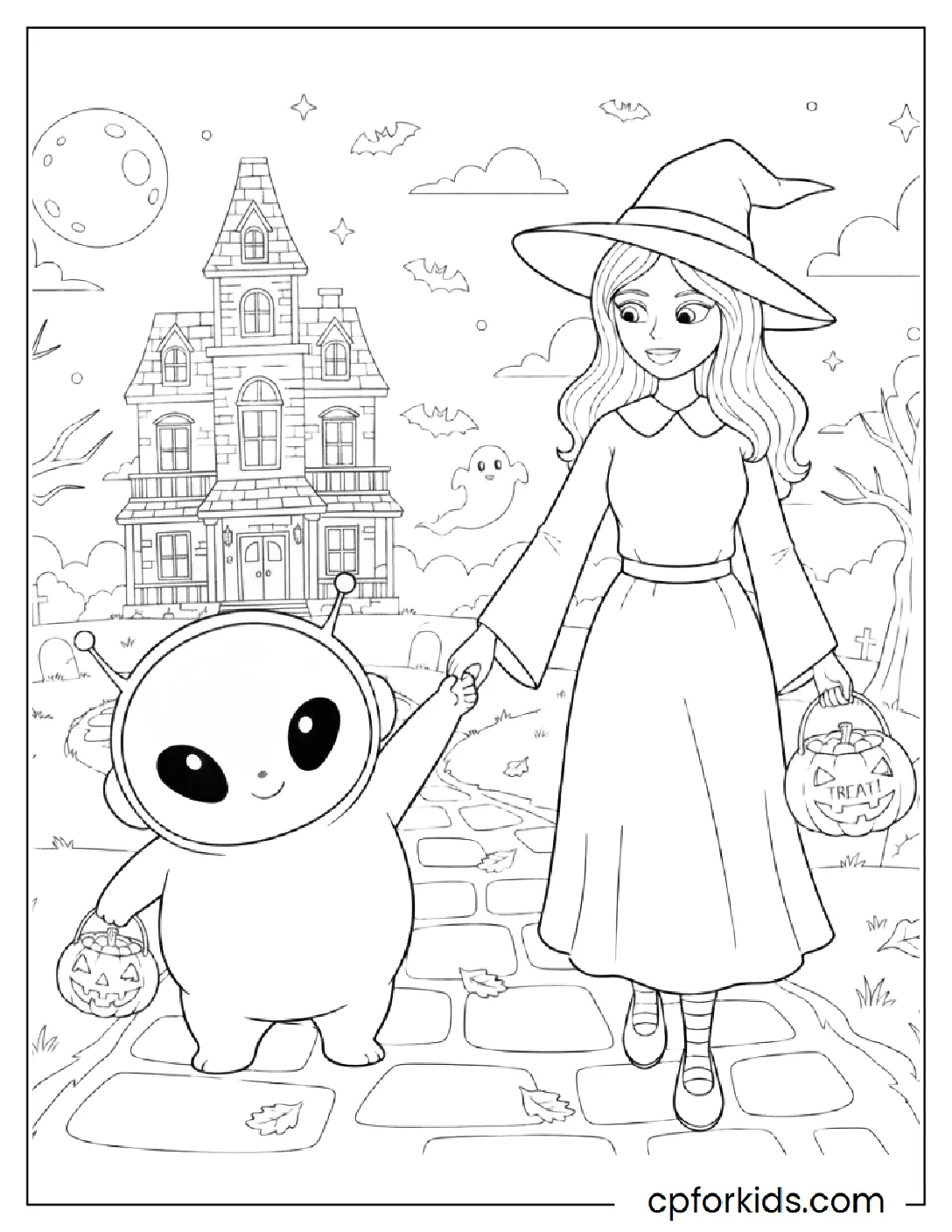Alien girl holding hands, trick-or-treating