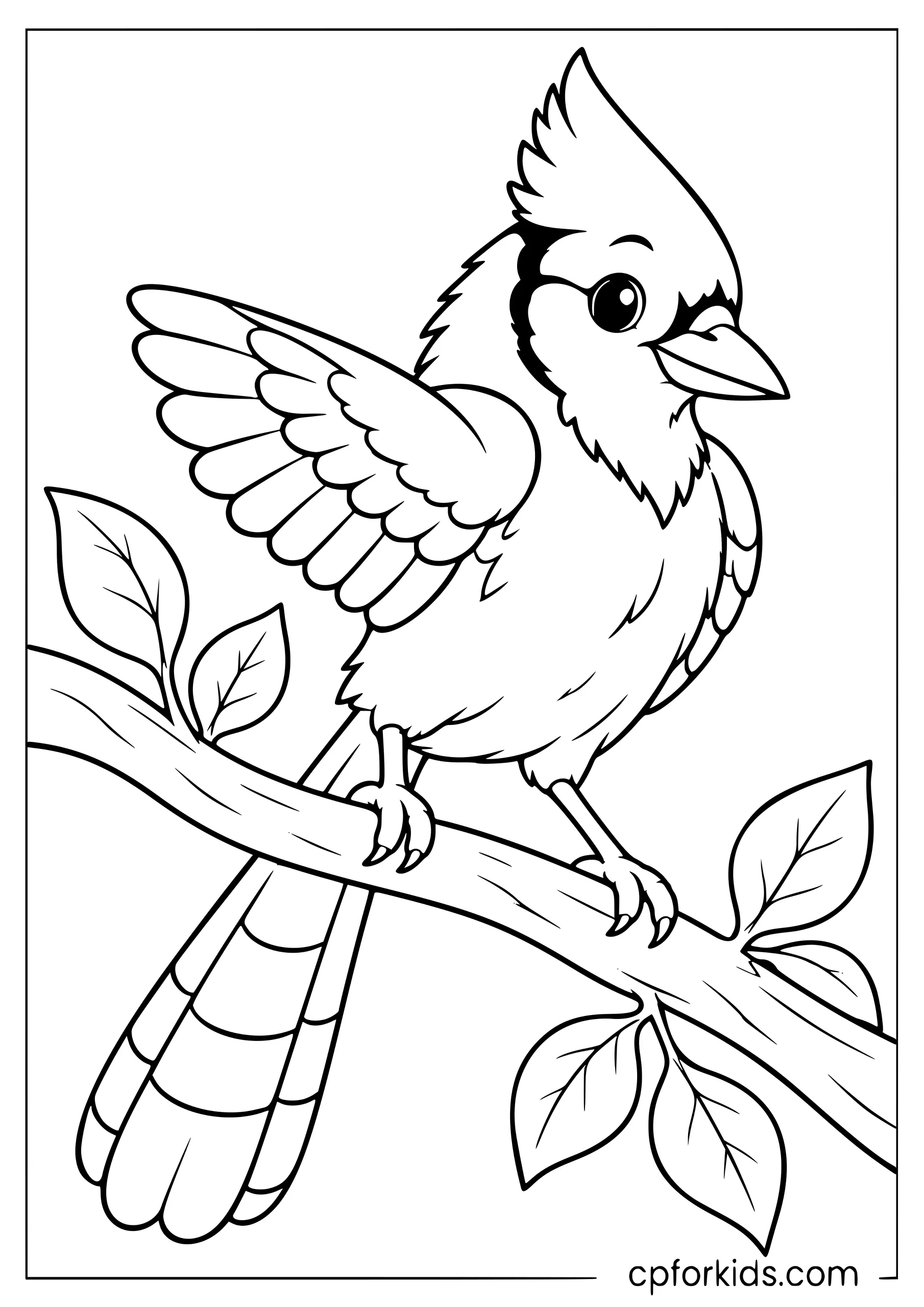 Blue jay perched on a leafy branch with one wing raised