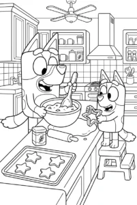 Bluey and Bingo baking cookies together in the kitchen