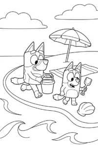 Bluey and Bingo exploring the beach with a bucket and shovel