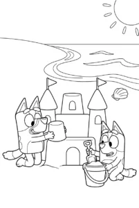 Bluey and Bingo building a large sandcastle together