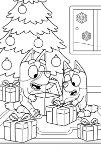 Bluey and Bingo opening presents on Christmas morning