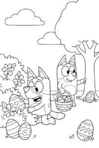 Bluey and Bingo searching for Easter eggs outside