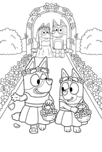 Bluey and Bingo as flower girls at Frisky's wedding