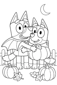 Bluey and Bingo hugging in cute Halloween costumes