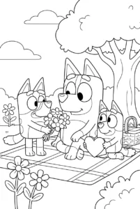 Bluey and Bingo giving Chilli Mother's Day gifts