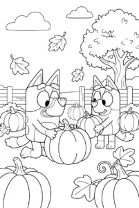 Bluey and Bingo picking pumpkins at an autumn pumpkin patch
