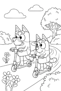 Bluey and Bingo riding scooters together in the park