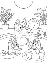 Bluey and Bingo swimming in a pool with Bandit