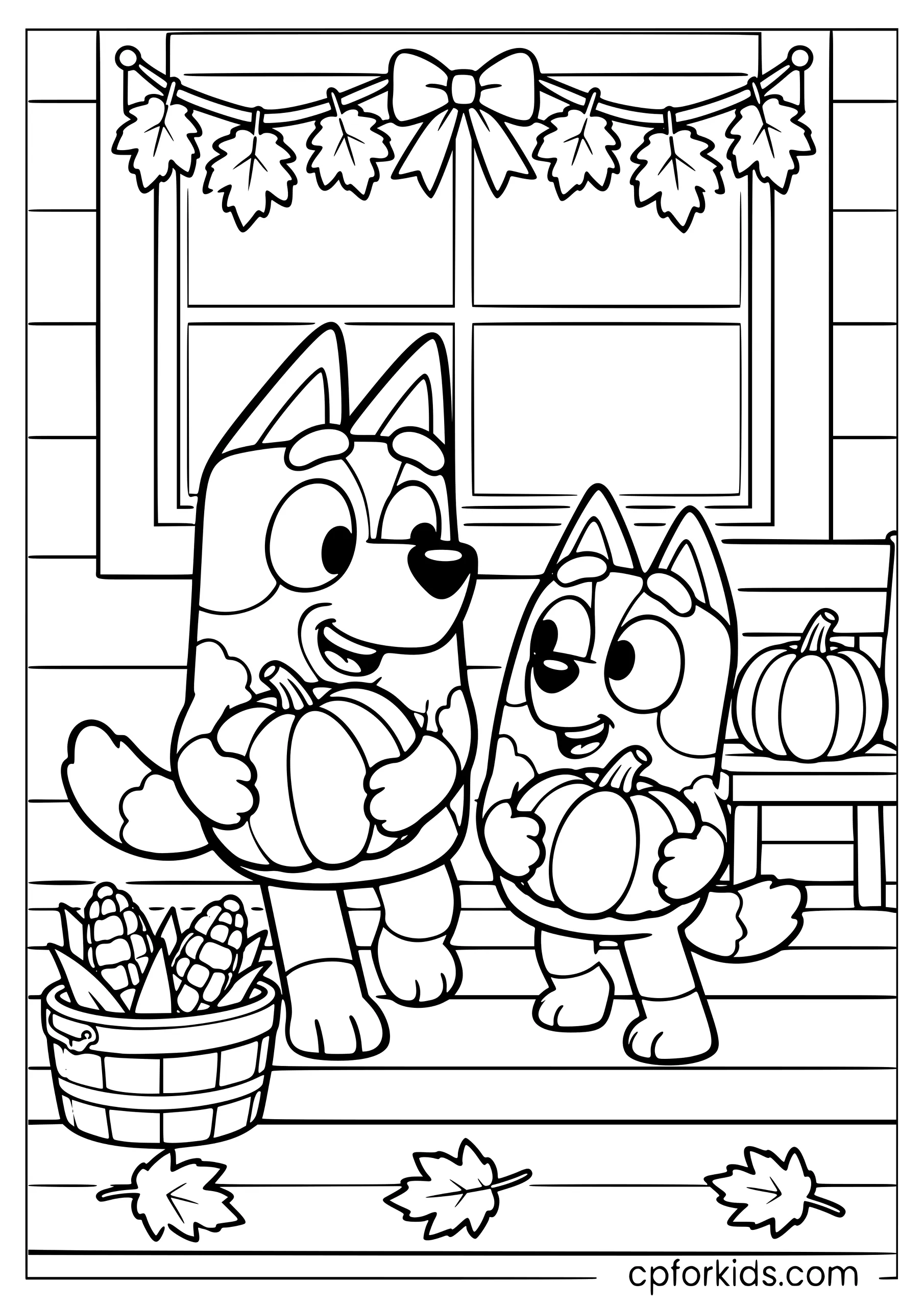 Bluey and Bingo carrying pumpkins beside a harvest basket