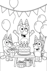 Bluey celebrating her birthday with Bingo and Chloe