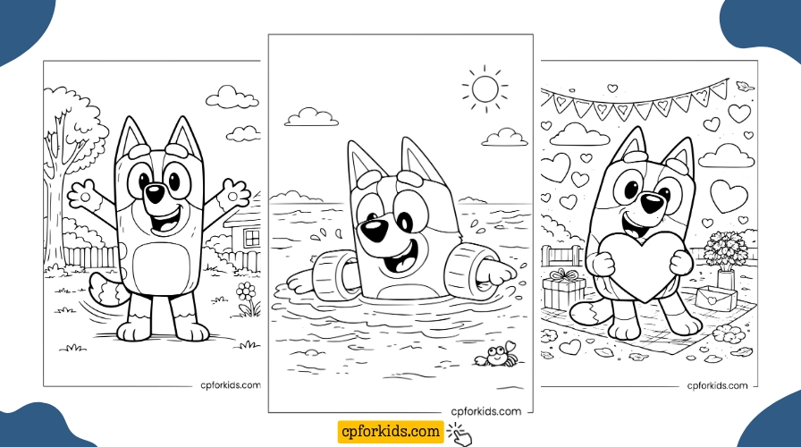 Collection of free Bluey coloring pages for kids featuring Bluey waving, swimming, and holding a heart