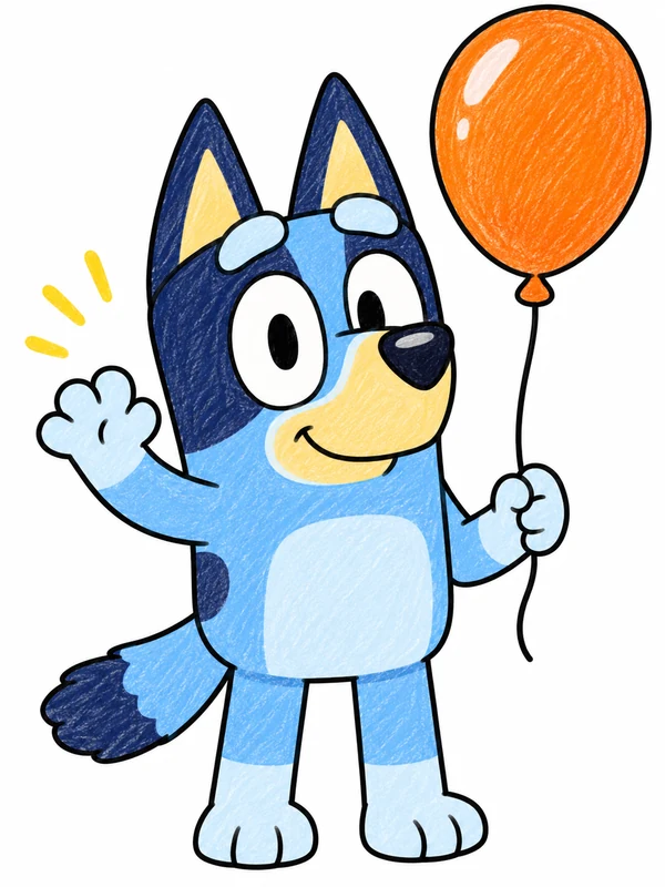 Bluey waving beside an orange balloon