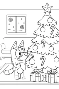 Bluey decorating a Christmas tree with ornaments