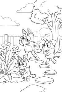 Bluey and friends sneaking through a backyard spy game