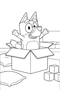 Bluey popping out of a box during a surprise game