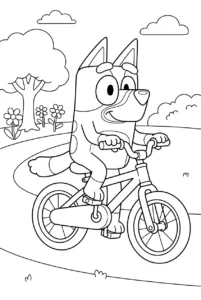 Bluey riding her bicycle along a park path