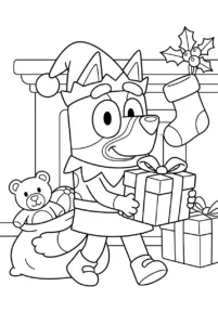 Bluey dressed as Santa's helper carrying a present