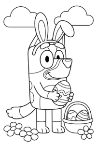 Bluey wearing bunny ears and holding an Easter egg