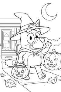 Bluey trick-or-treating in a witch hat with a pumpkin bucket
