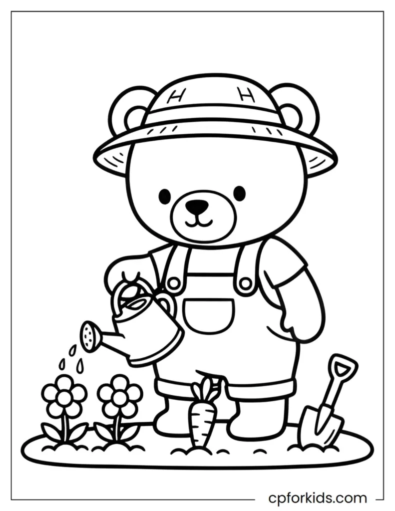 Cozy aesthetic bear planting spring flowers, Bobbie Goods inspired coloring sheet.