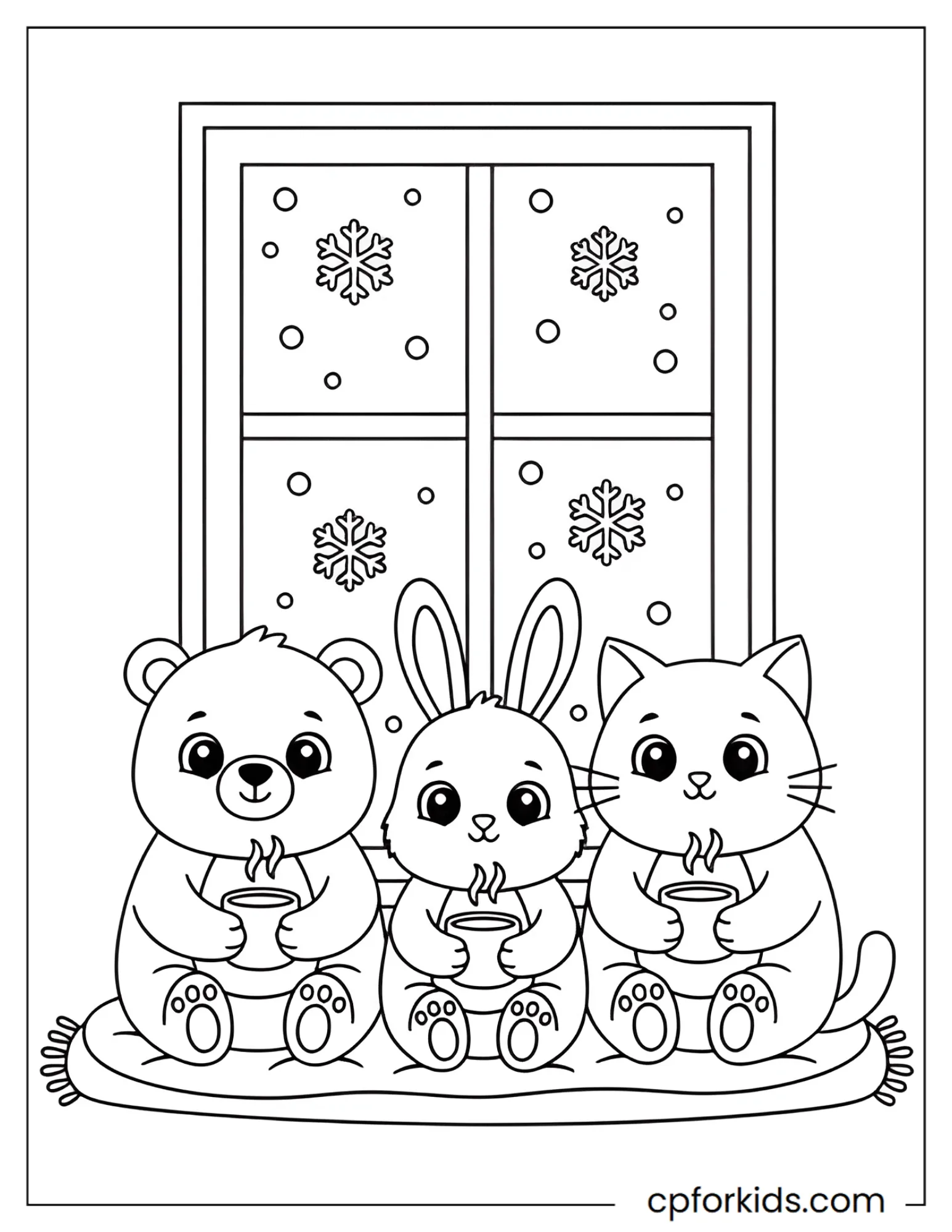 Animal friends drinking hot cocoa by a window