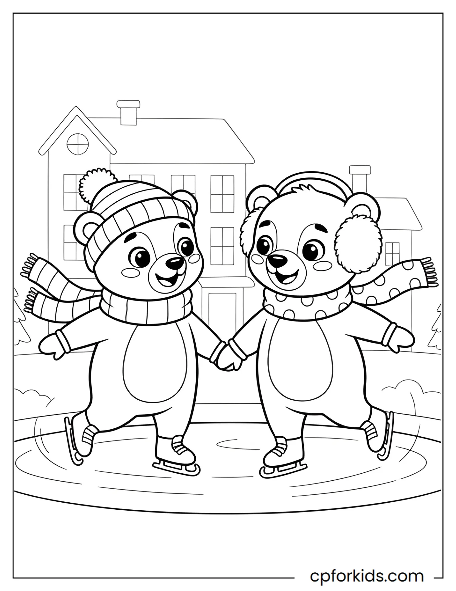 Bears ice skating in a snowy village