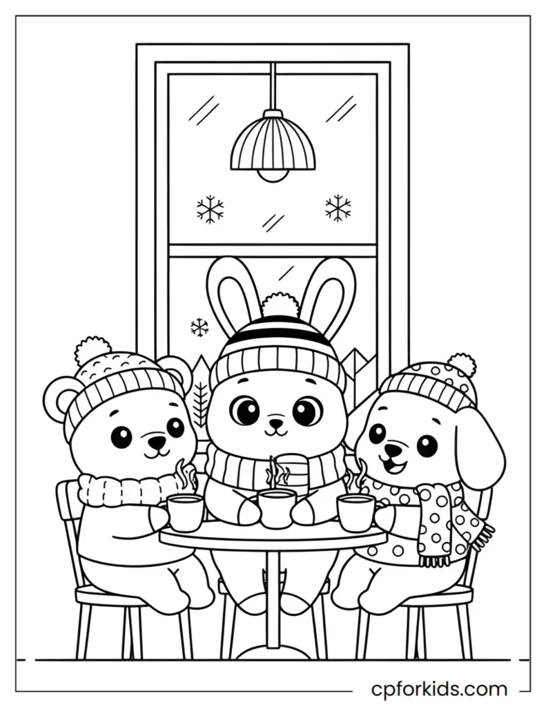 Cute cozy characters wearing beanies and scarves in a winter café coloring page