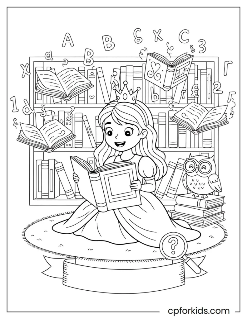 Printable coloring page of a cheerful princess reading a storybook in a magical library with floating letters, whimsical details, and educational elements to encourage literacy, imagination, and learning for kids.