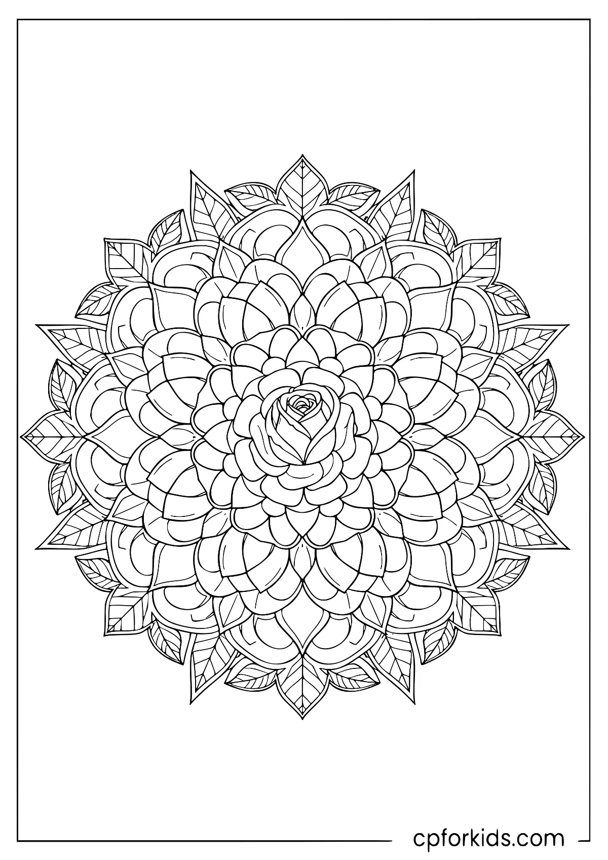 Layered rose surrounded by symmetrical botanical leaves