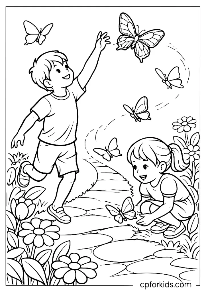 Boy and girl playing with butterflies on a park path coloring page