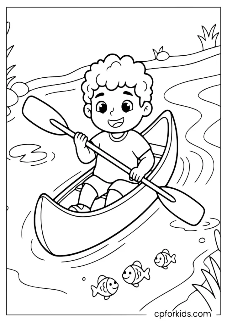 Boy canoeing on a river among reeds