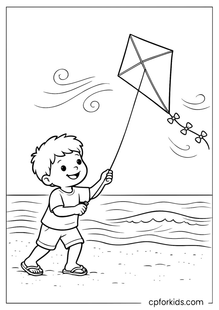 Boy flying a kite on a windy beach coloring page