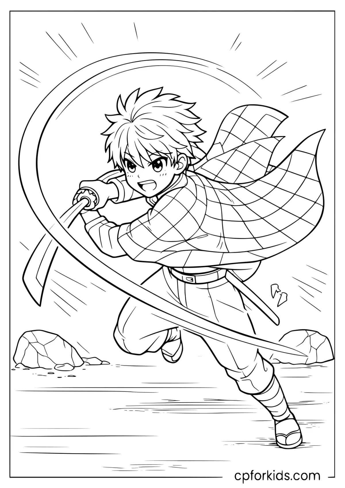 Anime swordsman lunging forward in a checkered cloak