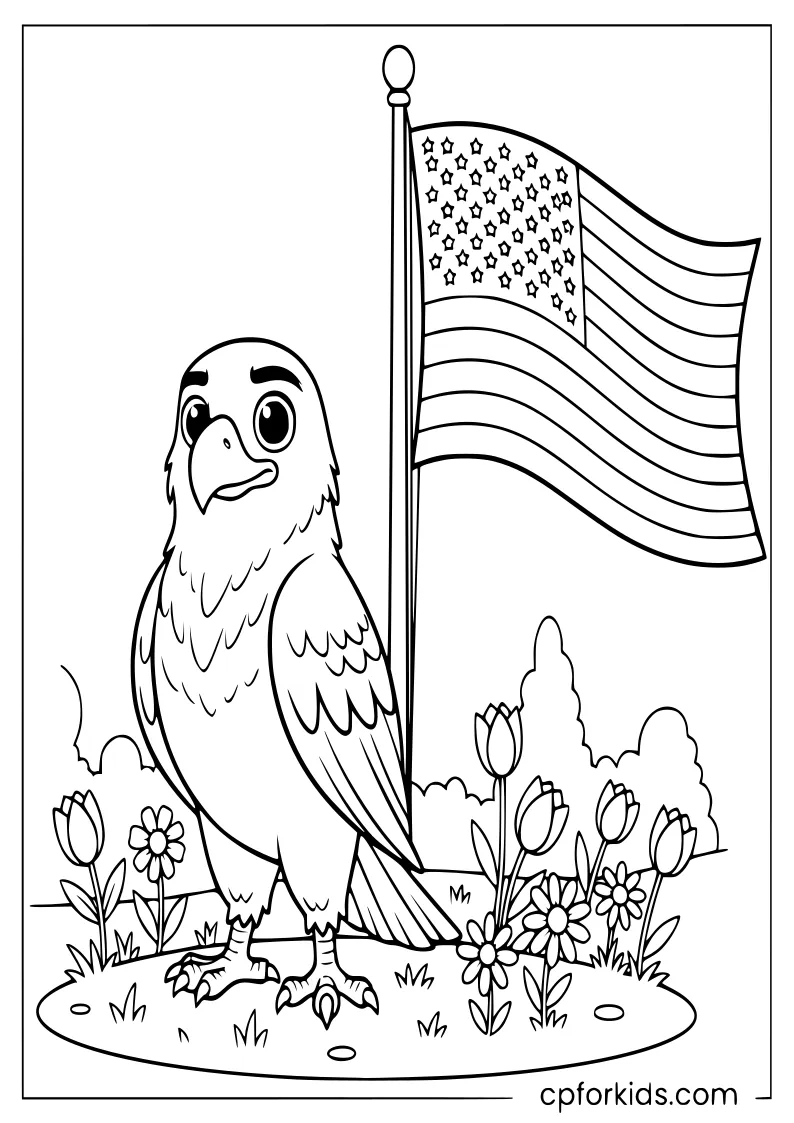 Eagle standing beside an American flag for Memorial Day