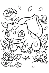 Bulbasaur walking through a flower garden with leaves and butterfly