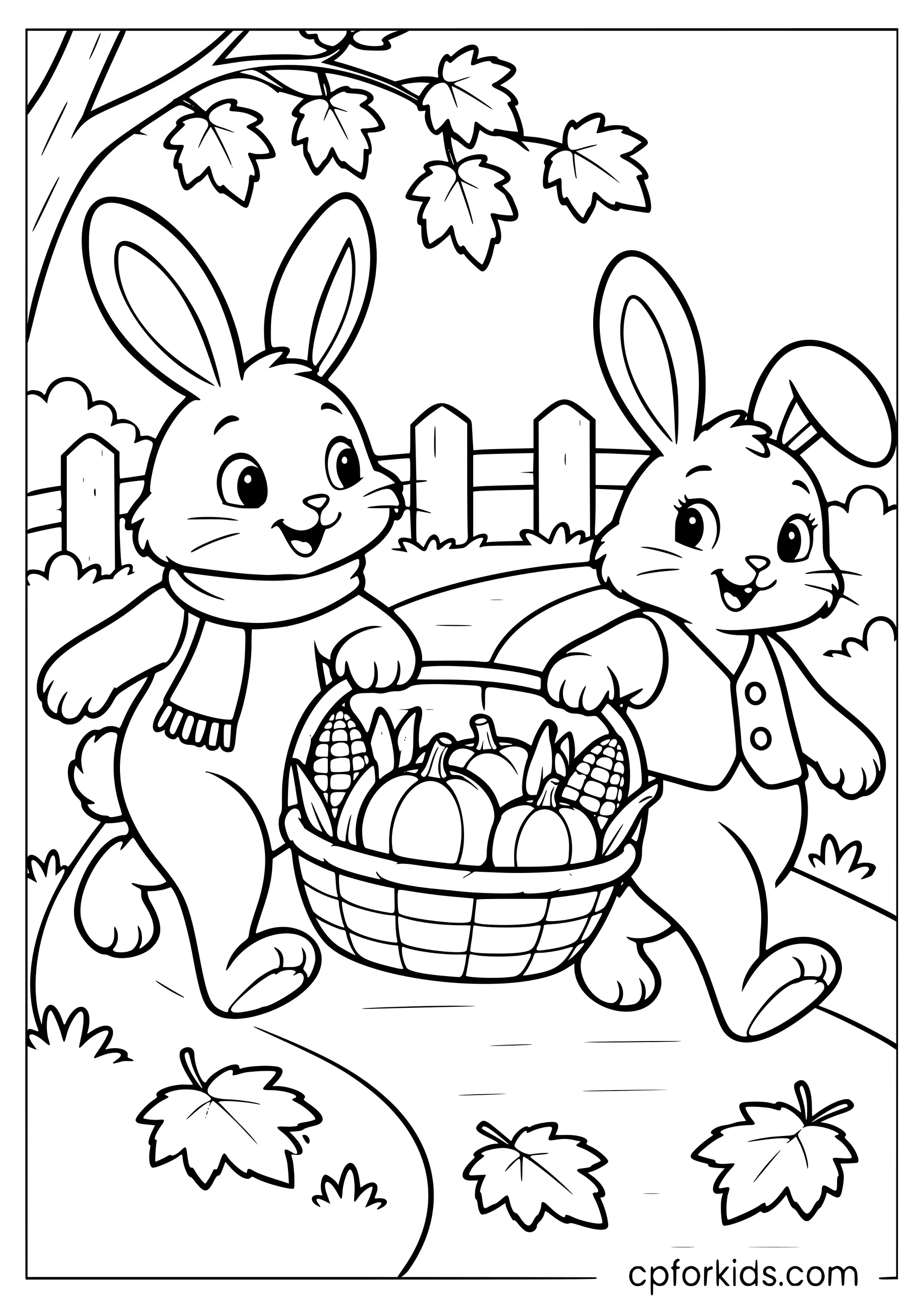 Two bunnies carrying a harvest basket along an autumn path