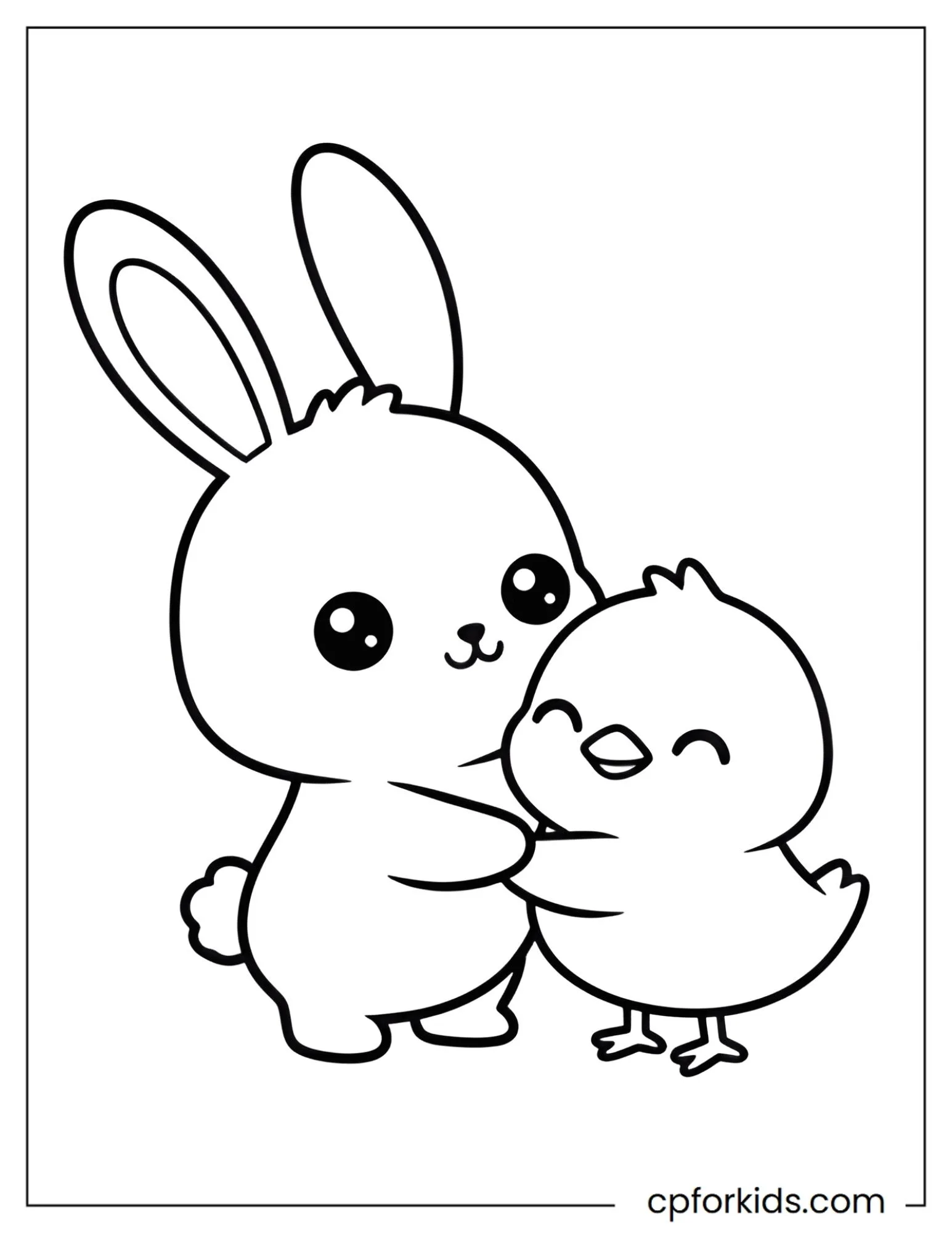 Easter bunny and small chick hugging together