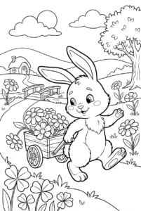 Cute bunny pulling a wagon full of wildflowers