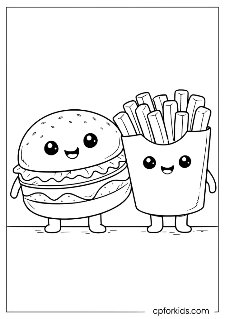 Cute burger and fries best friends coloring page for kids