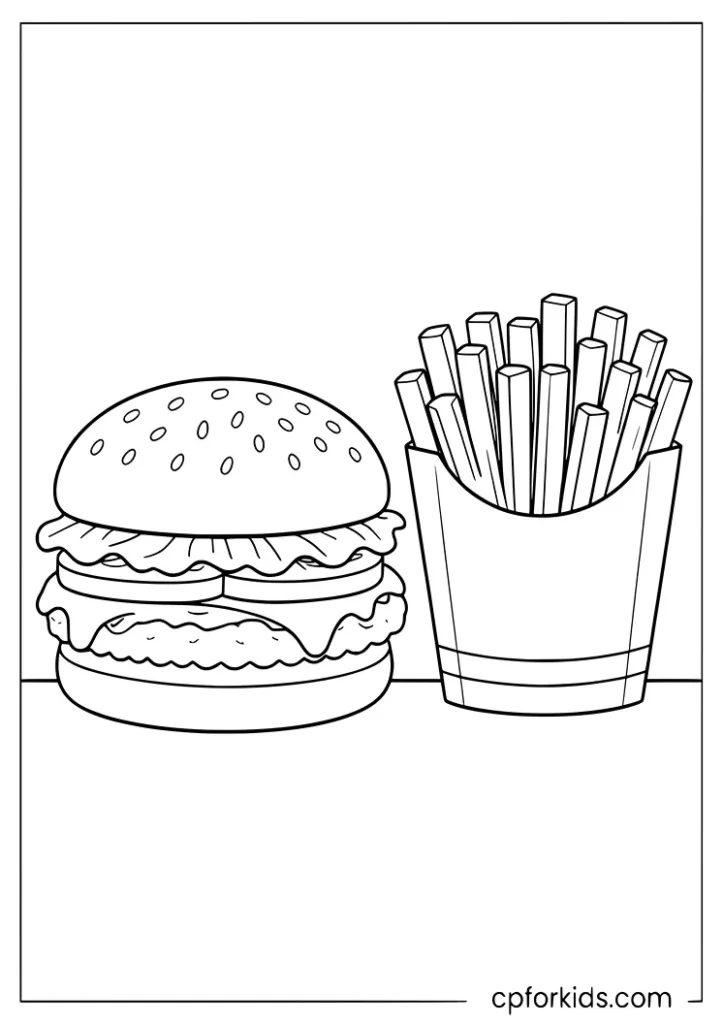 Burger and fries fast food coloring page for kids