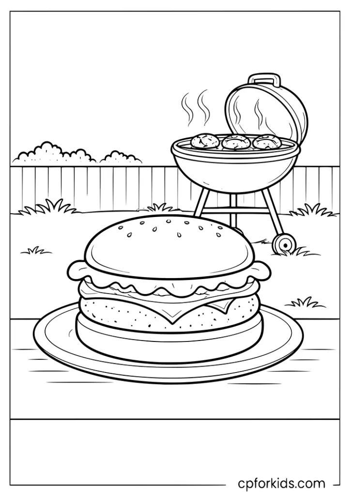 Burger at a backyard cookout coloring page