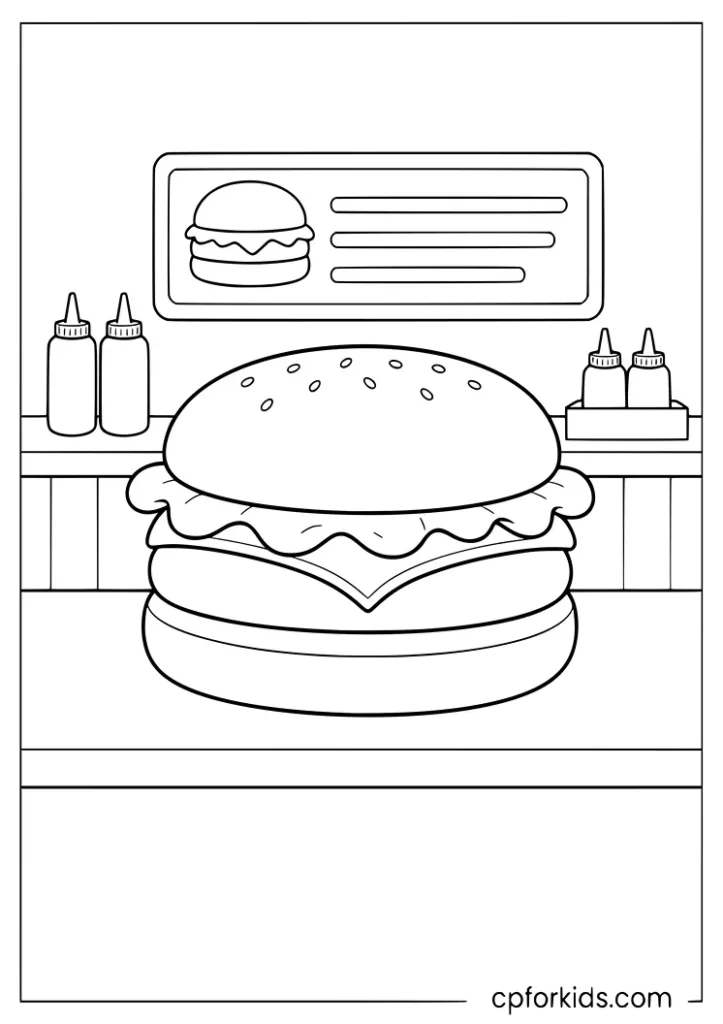 Burger bar counter coloring page
