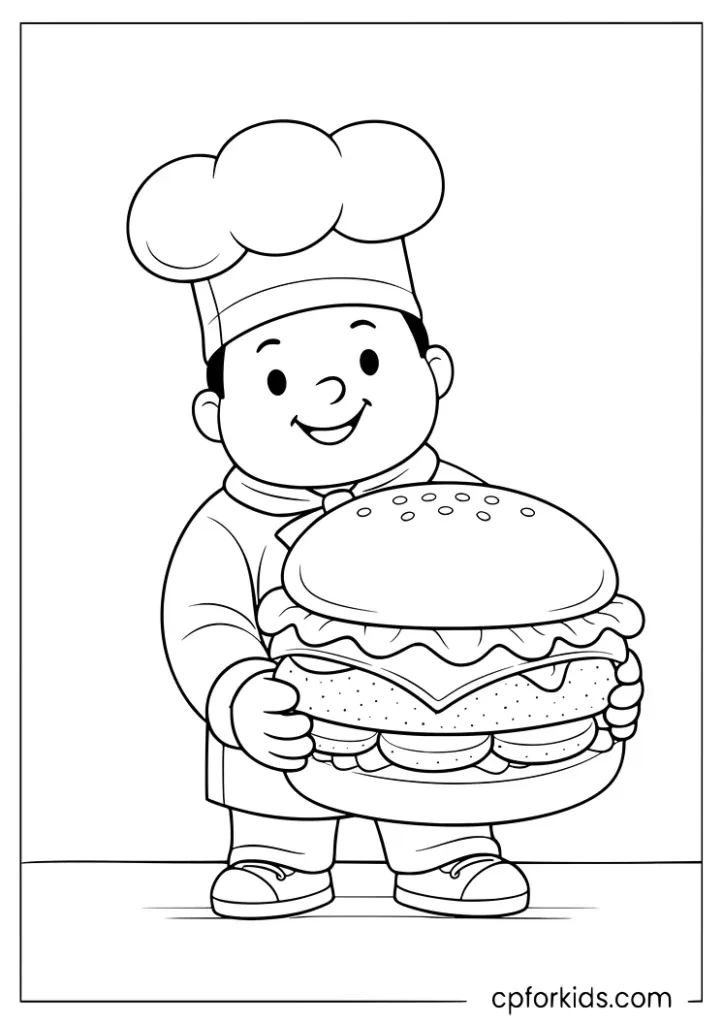 Burger chef holding a big burger coloring page