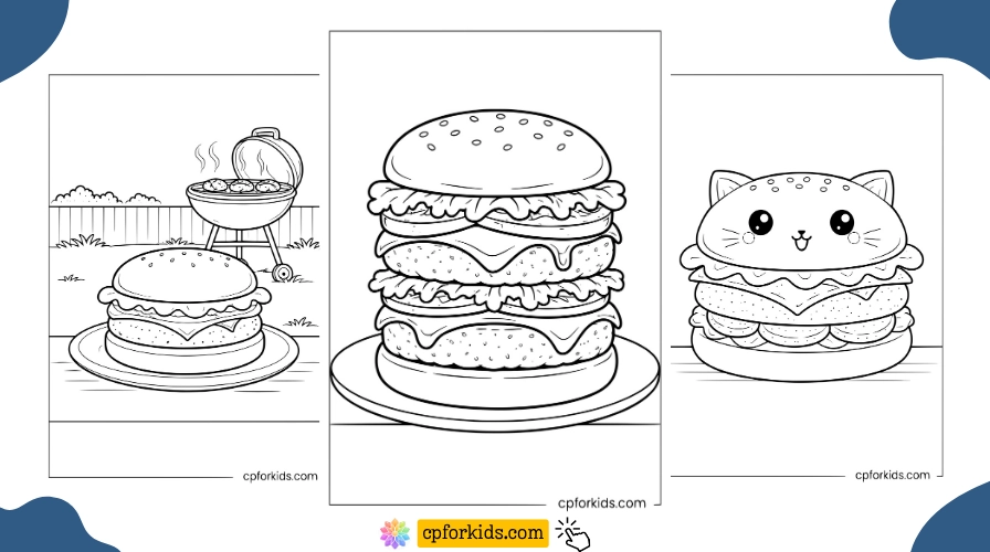 Burger coloring pages featuring a backyard cookout burger, a tall double cheeseburger, and a cute kawaii cat burger