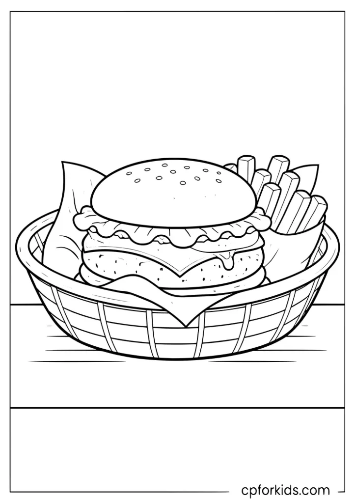 Burger in a diner basket coloring page