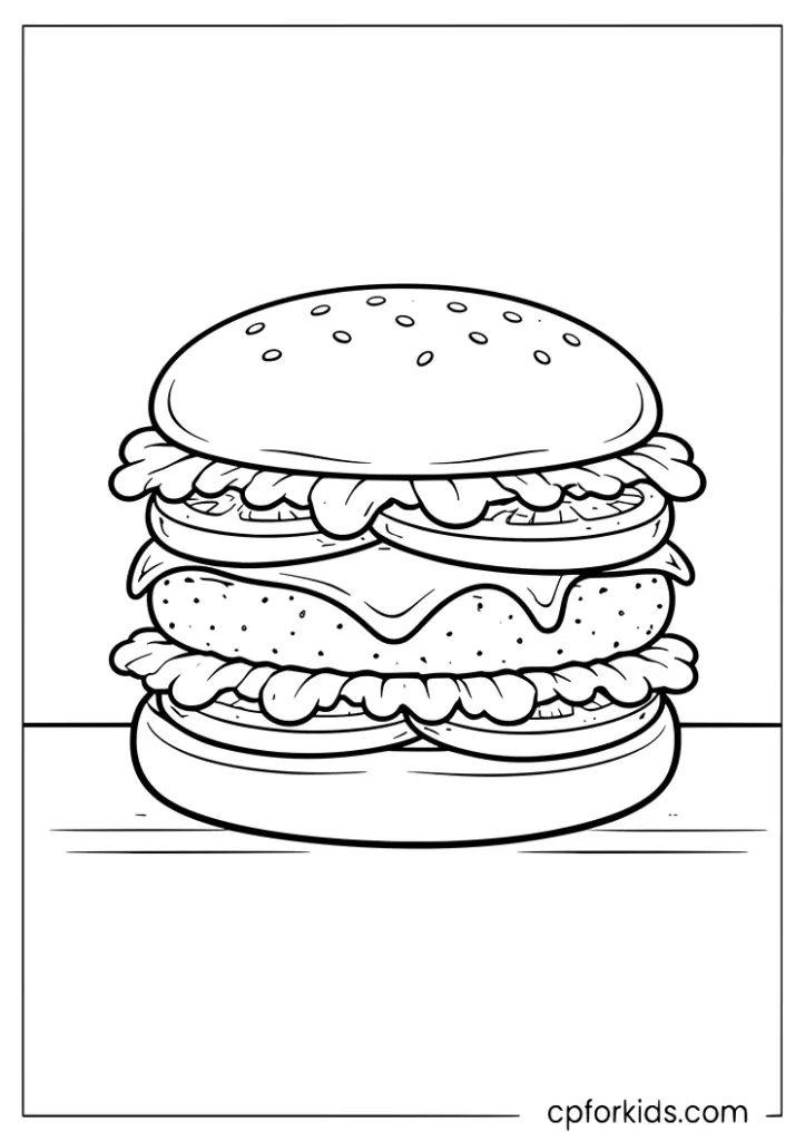 Burger with lettuce tomato and cheese coloring page